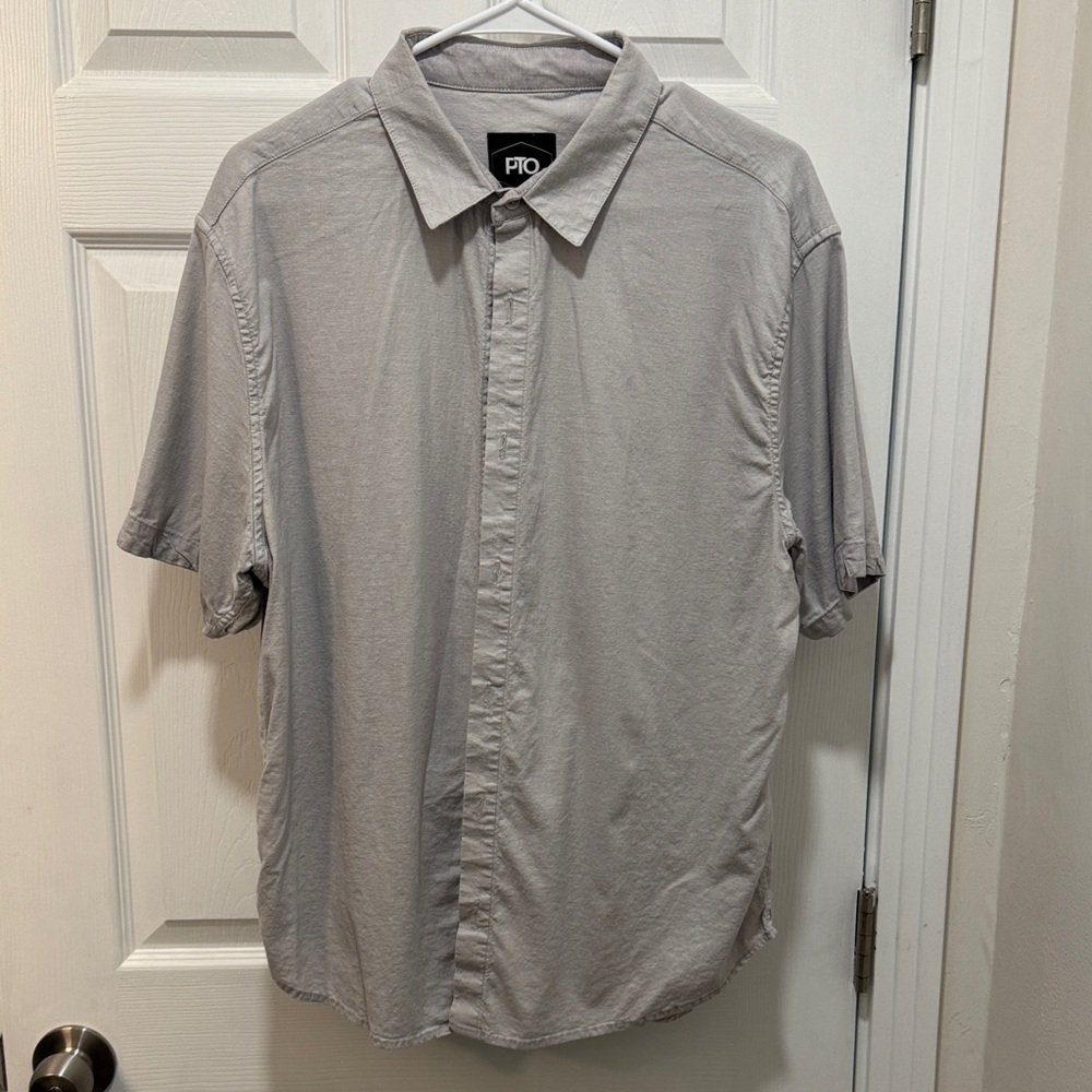 PTO Men's Short-Sleeve Linen Button-Up Shirt in Light Gray sz L